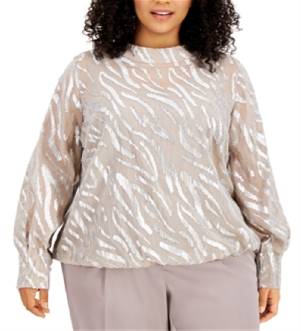 Alfani Women's Metallic Zebra Print Bubble Top Beige Size 3X