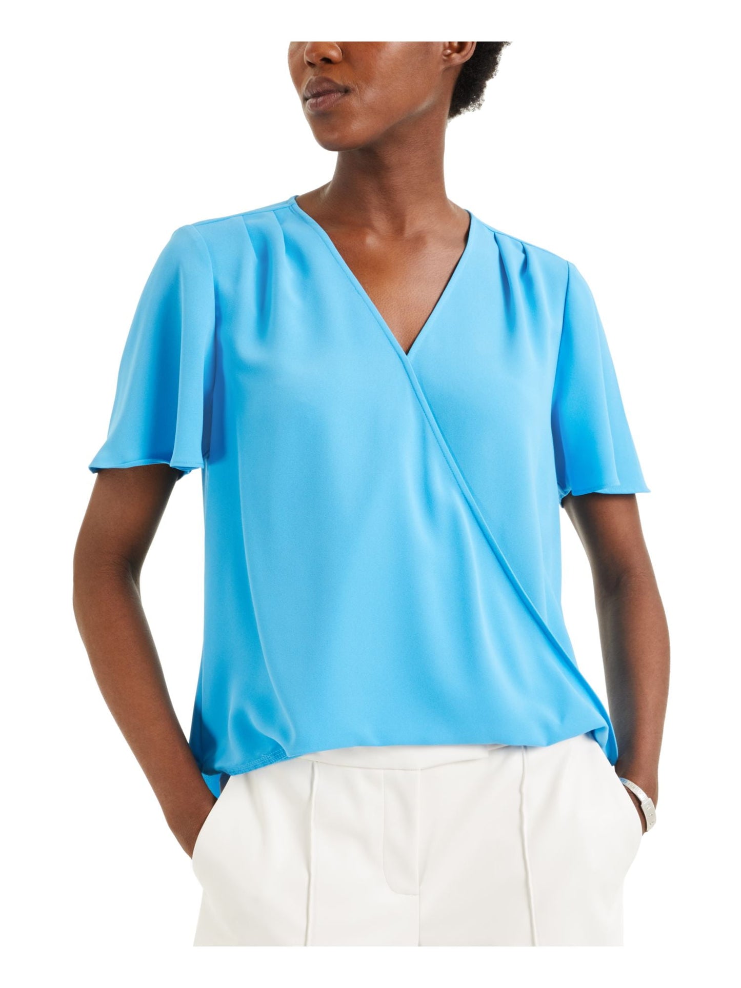Alfani Women's Flutter Sleeve Surplice Blouse Blue Size X-Large