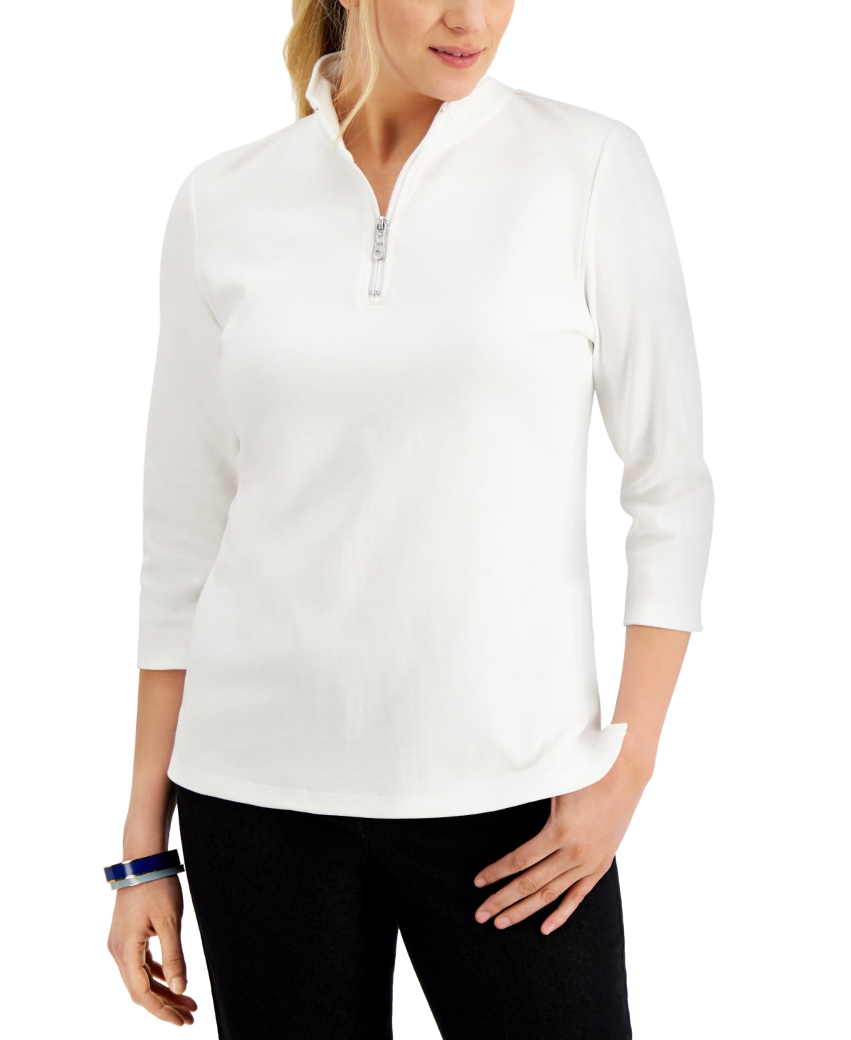 Karen Scott Women's Cotton Zip Neck Top White Size X-Small