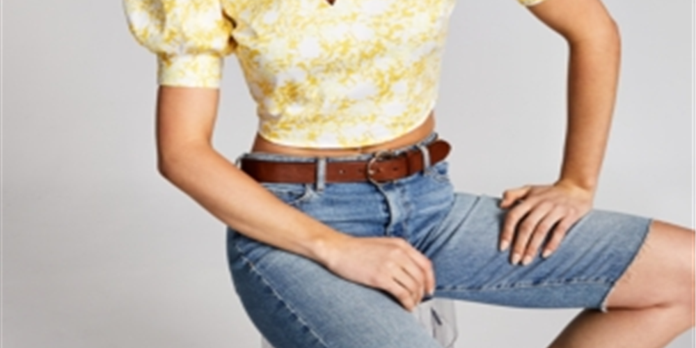 INC International Concepts Women's Printed Puff Sleeve Cropped Blouse Yellow Size Large