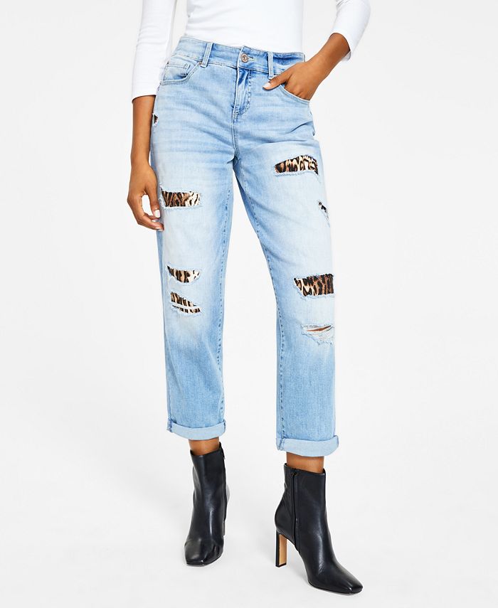 INC International Concepts Women's High Rise Ripped Leopard Boyfriend Jeans Blue Size 10