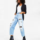 INC International Concepts Women's High Rise Ripped Leopard Boyfriend Jeans Blue Size 10