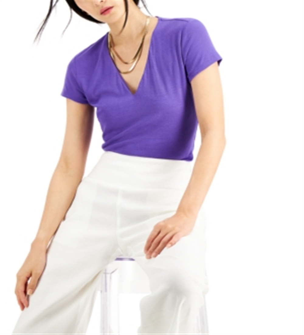 INC International Concepts Women's Ribbed V Neck Top Purple Size X-Large
