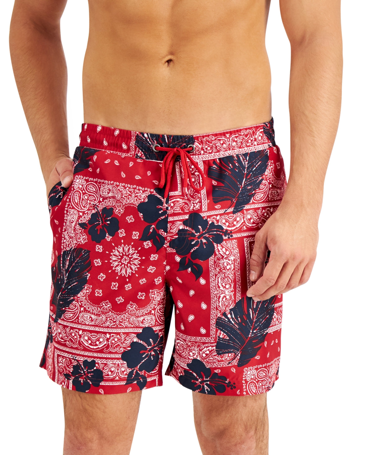 Club Room Men's Floral Bandana 7 Swim Trunks Red Size XX-Large