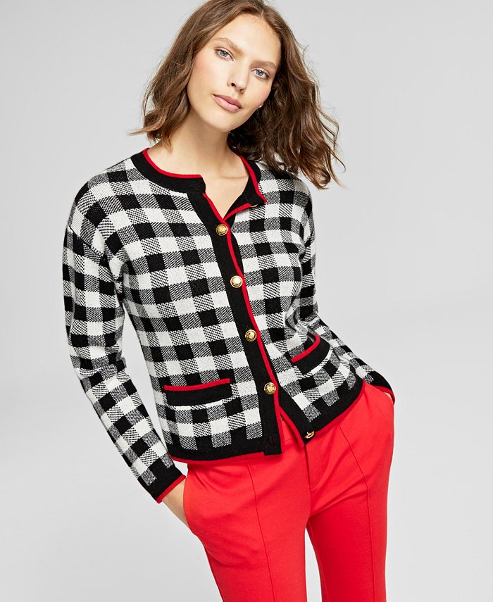 Charter Club Women's Plaid Cashmere Button Front Cardigan Black Size XL