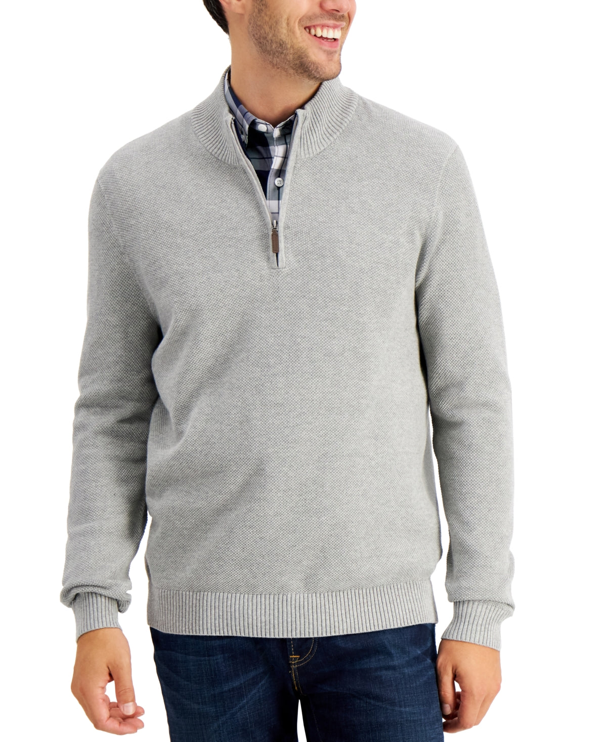 Club Room Men's Quarter Zip Textured Cotton Sweater Gray Size Medium