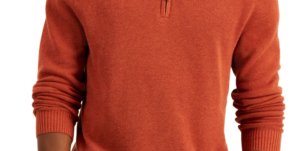 Club Room Men's Quarter Zip Textured Cotton Sweater Orange Size Large