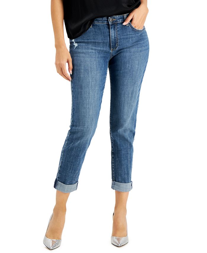 INC International Concepts Women's Cuffed Boyfriend Jeans Blue Size 4 Petite