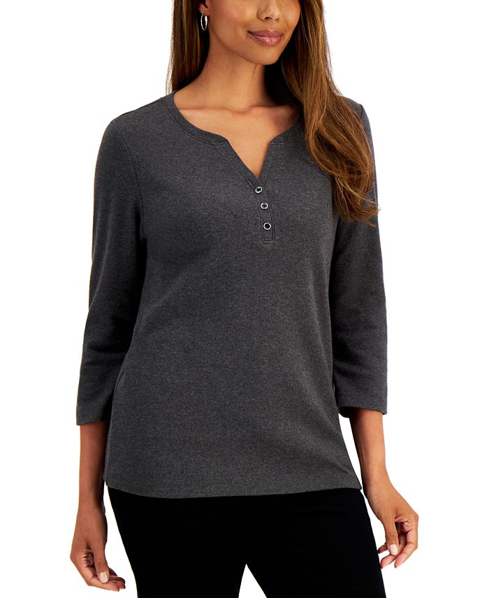 Karen Scott Women's Cotton Henley V Neck Top Black Size Medium