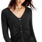 INC International Concepts Women's Ruched Button Detail Long Sleeve Top Black Size Small