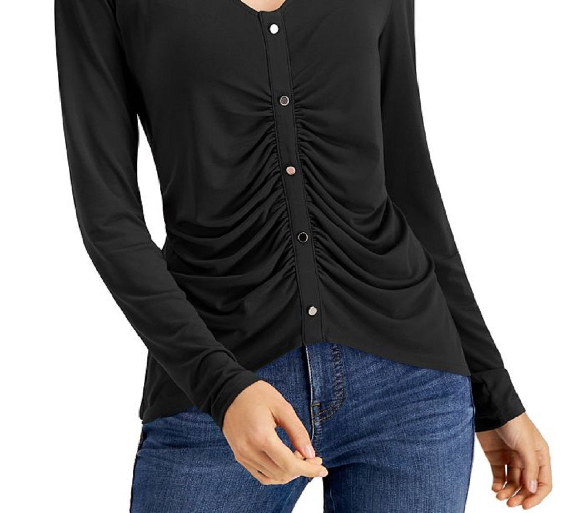 INC International Concepts Women's Ruched Button Detail Long Sleeve Top Black Size Small