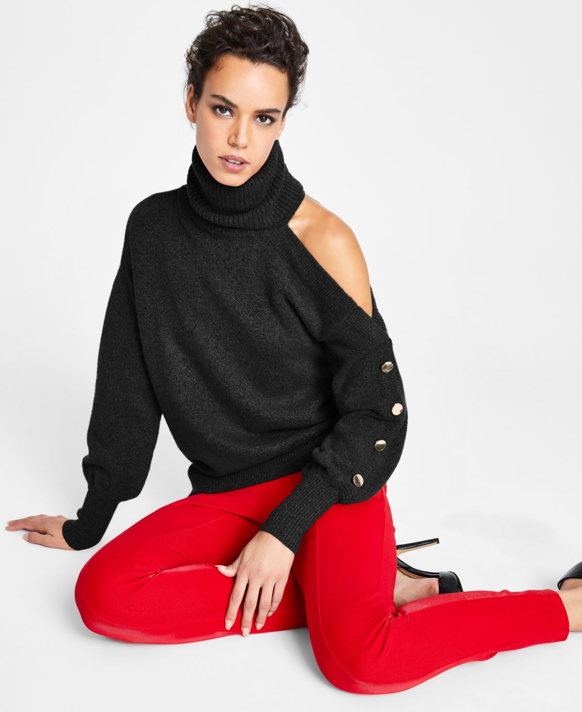 INC International Concepts Women's Cold Shoulder Turtleneck Sweater Black Size Small