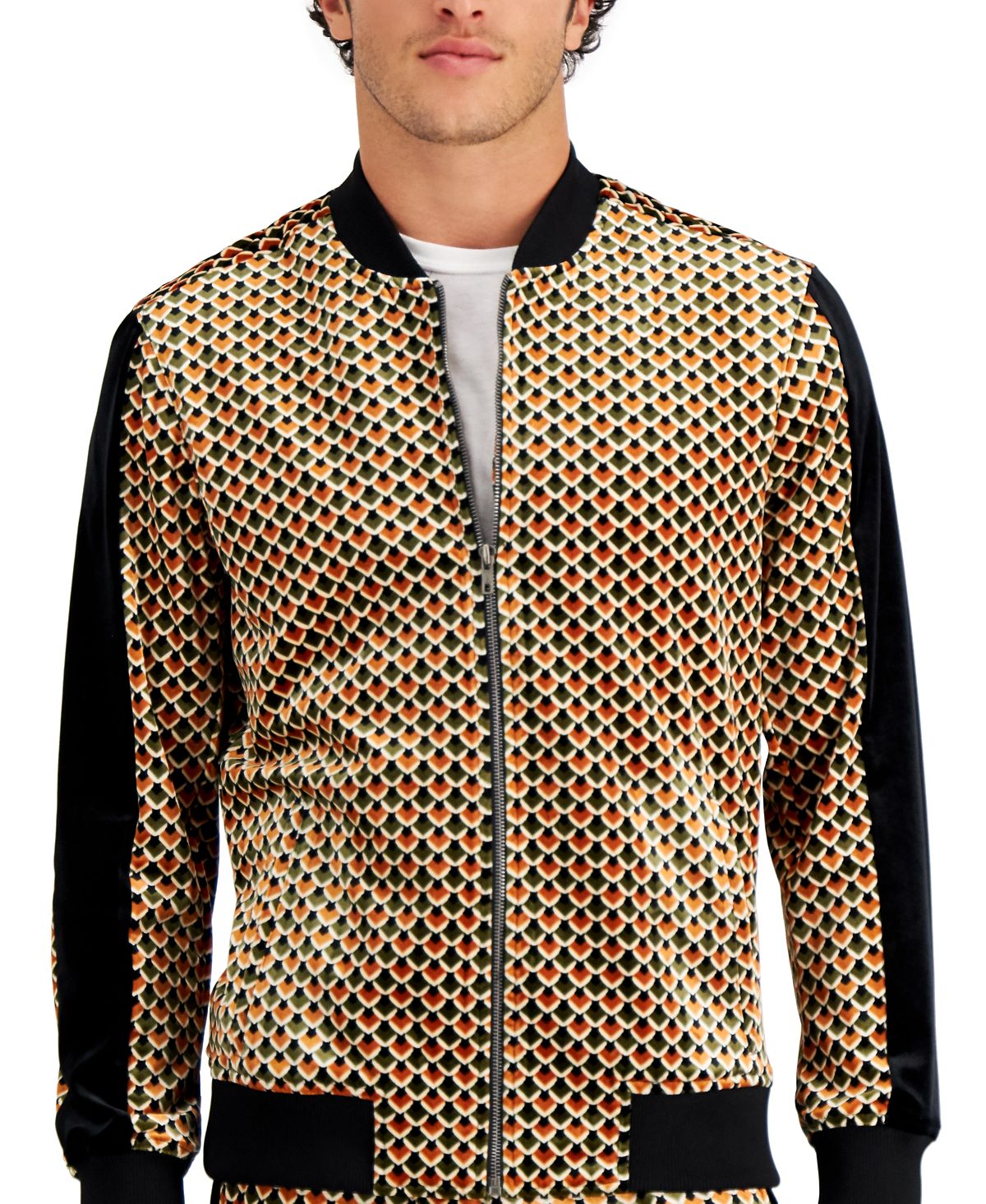 INC International Concepts Men's Regular Fit Geometric Velour Track Jacket Black Size Large