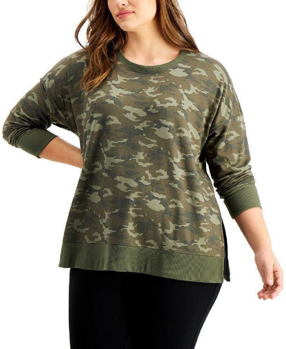 Id Ideology Women's Plus Camo-Print Sweatshirt Green Size 1X