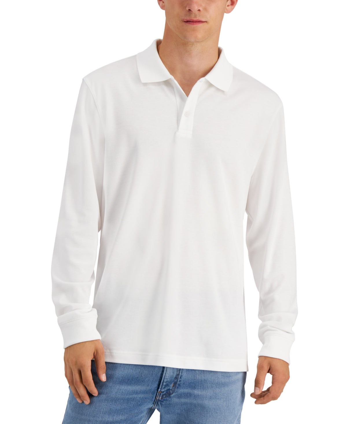 Alfani Men's Regular Fit Solid Long Sleeve Supima Polo Shirt White Size X-Large