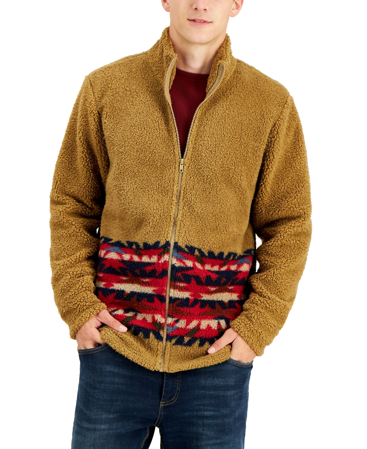 Sun Stone Men's Full Zip Sherpa Fleece Jacket Brown Size S