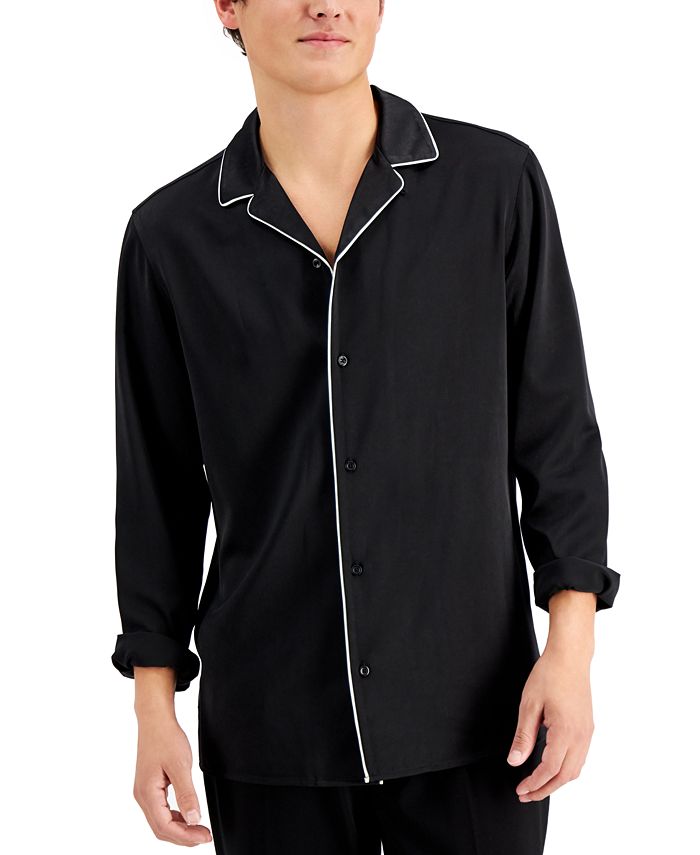 INC International Concepts Men's Regular Fit Contrast Piped Camp Shirt Black Size X-Small