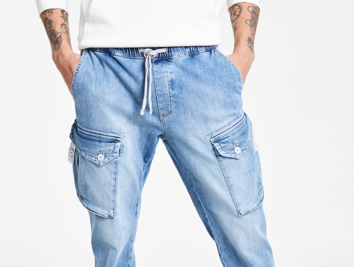 Sun + Stone Men's Encinita Regular Fit Denim Cargo Joggers Blue Size Medium