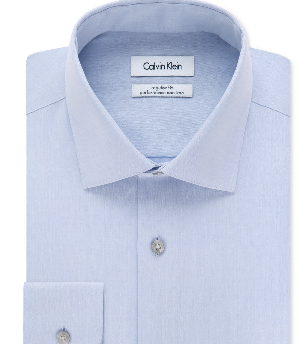 Calvin Klein Men's Steel Classic Fit Non Iron Performance Herringbone Spread Collar Dress Shirt Blue Size 16.5X32-33