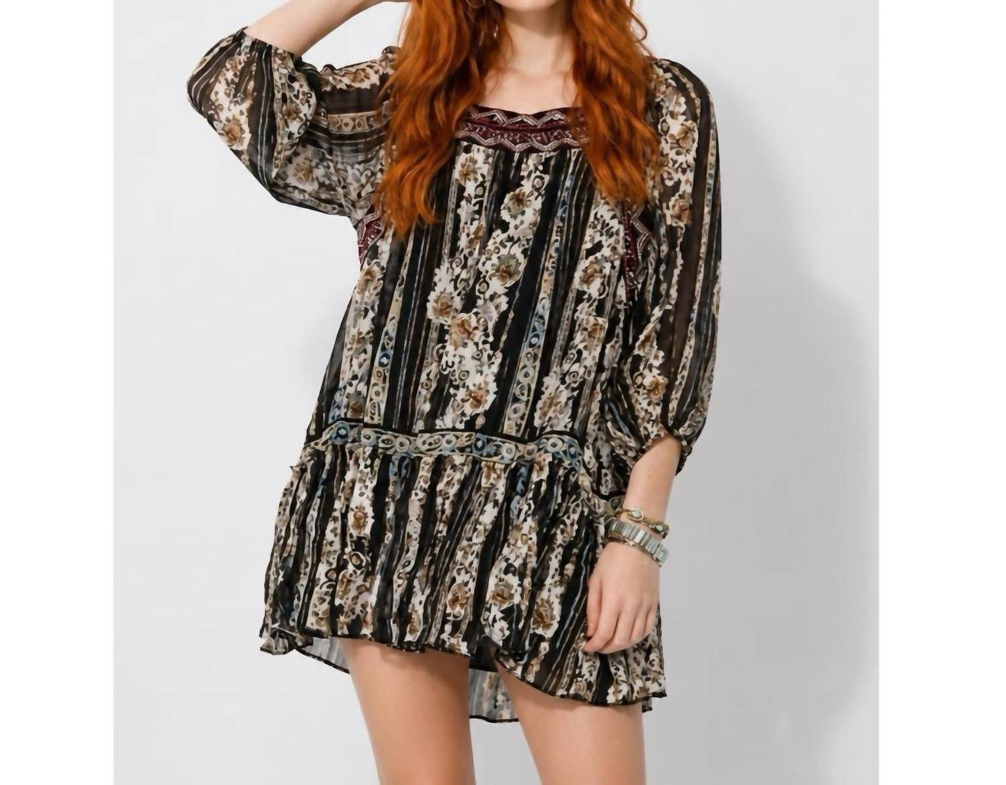 Free People - Mini Embroidered Floral Semi Sheer Boho Dress