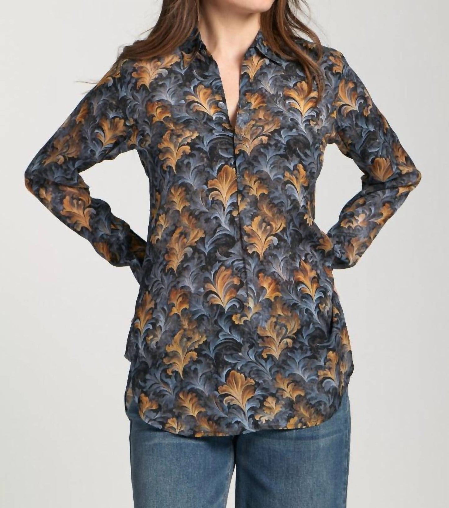 Apny - Leaf Half Button-up Pullover Tunic