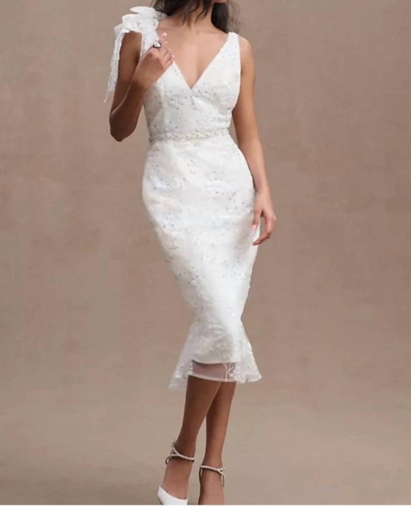 Mac Duggal - Beaded Floral Tea Length Gown