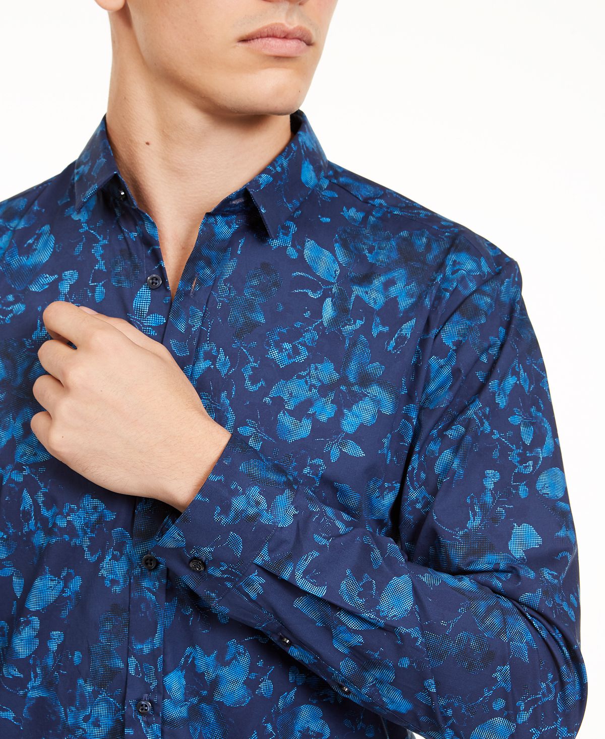 Hugo Boss Men's Button Front Extra Slim Fit Floral Shirt Blue Size XX-Large