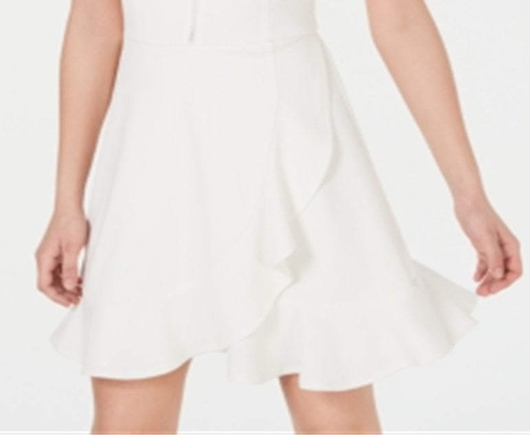 Speechless Women's Stretch Zippered Ruffled Sleeveless Halter Short Fit Flare Dress White Size X-Large