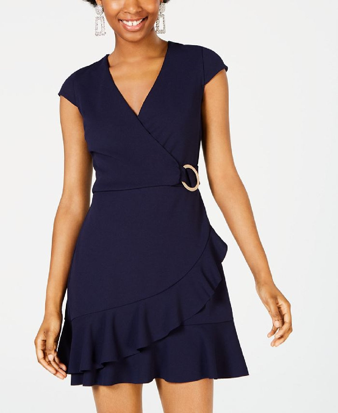 Speechless Women's Ruffled Zippered Cap Sleeve V Neck Mini Faux Wrap Party Dress Blue Size Large