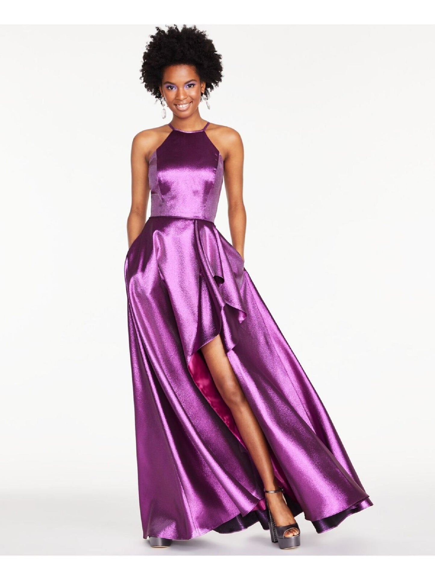 Blondie Nites Junior's Metallic Ruffled Slit Gown Pink Size 15
