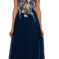 Betsy & Adam Women's Sleeveless Floral Applique Illusion Gown Blue Size 6Petite