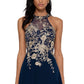 Betsy & Adam Women's Sleeveless Floral Applique Illusion Gown Blue Size 6Petite