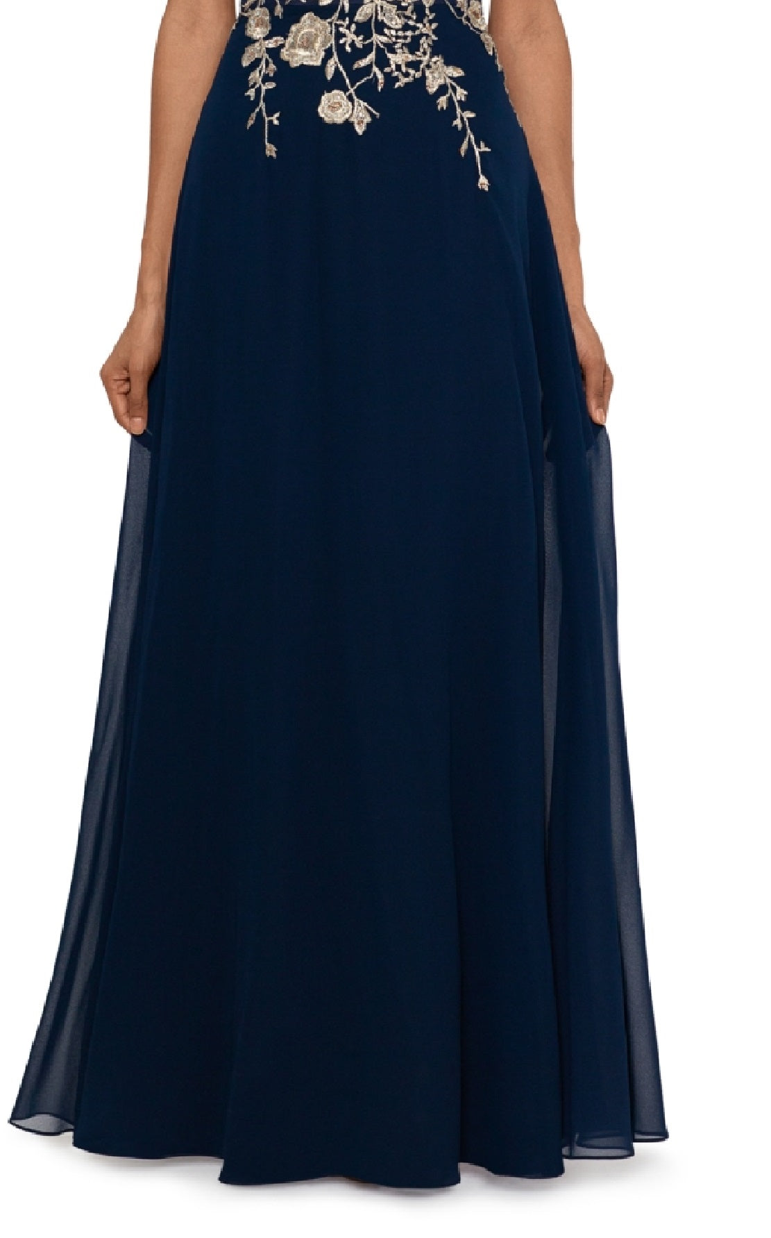 Betsy & Adam Women's Sleeveless Floral Applique Illusion Gown Blue Size 6Petite