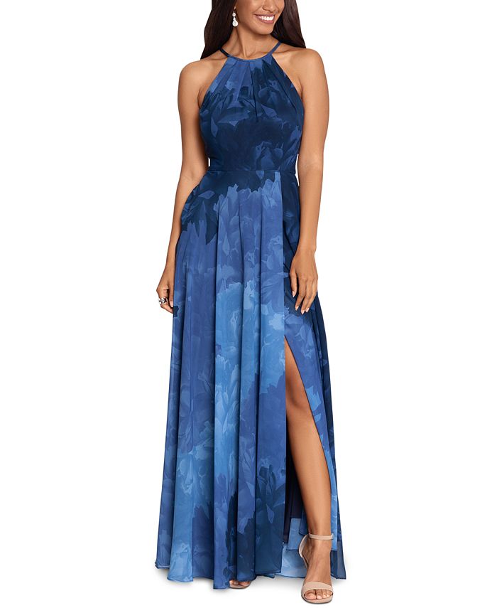 Betsy & Adam Women's Printed Chiffon Halter Gown Blue Size 6