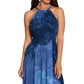 Betsy & Adam Women's Printed Chiffon Halter Gown Blue Size 6
