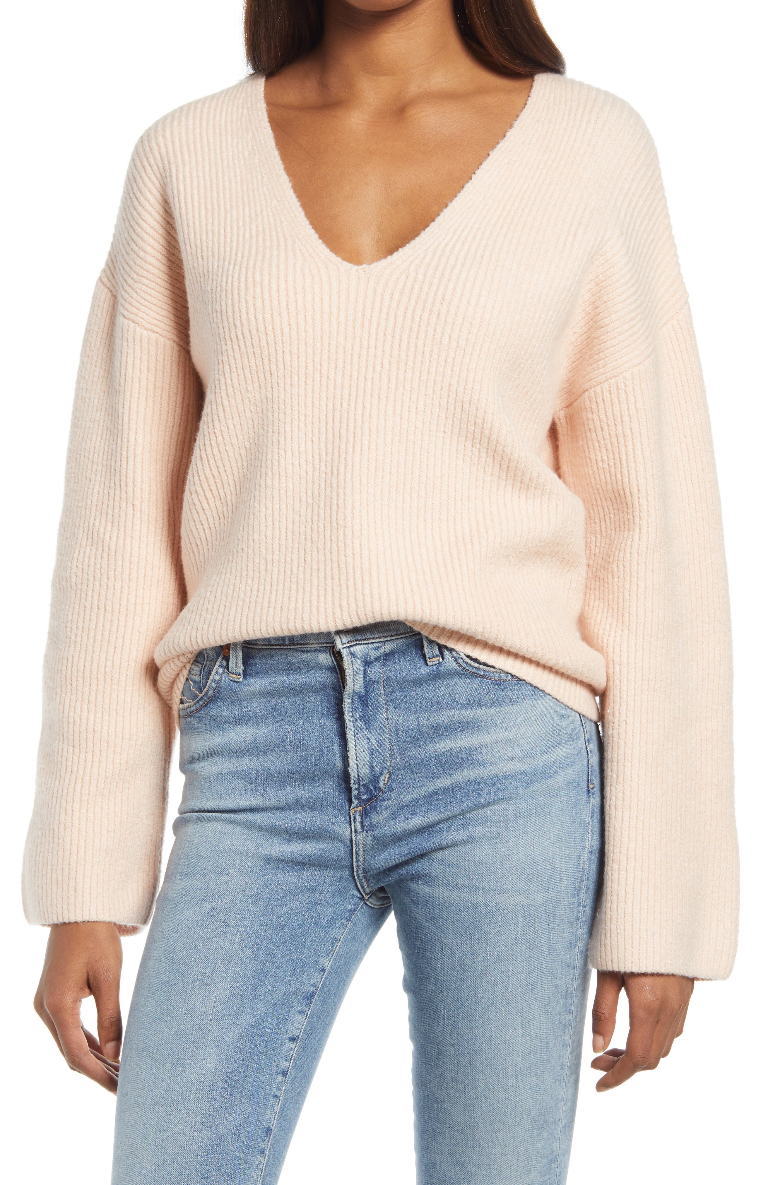 womens-pink-rib-stitch-v-neck-sweater-size-small