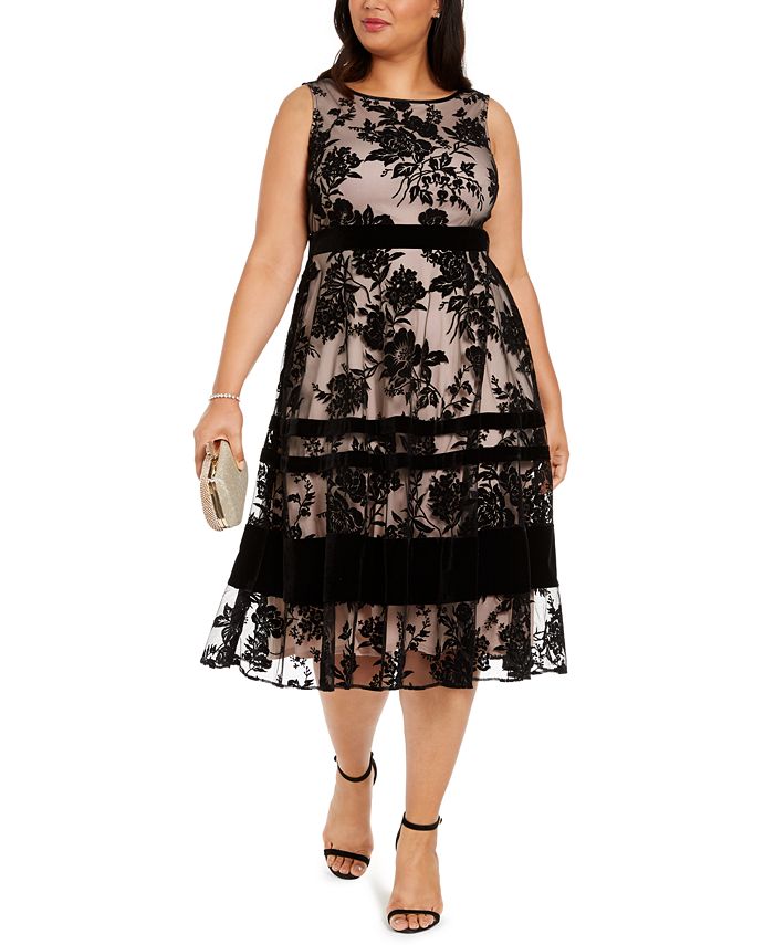 Taylor Women's Plus Velvet-Flocked MIDI Dress Black Size 20W