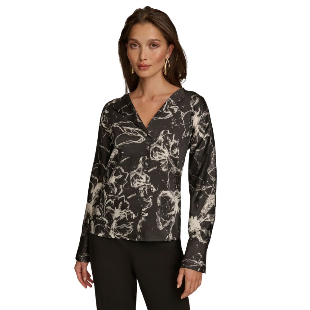 Donna Karan New York Womens Printed V Neck Blouse Black