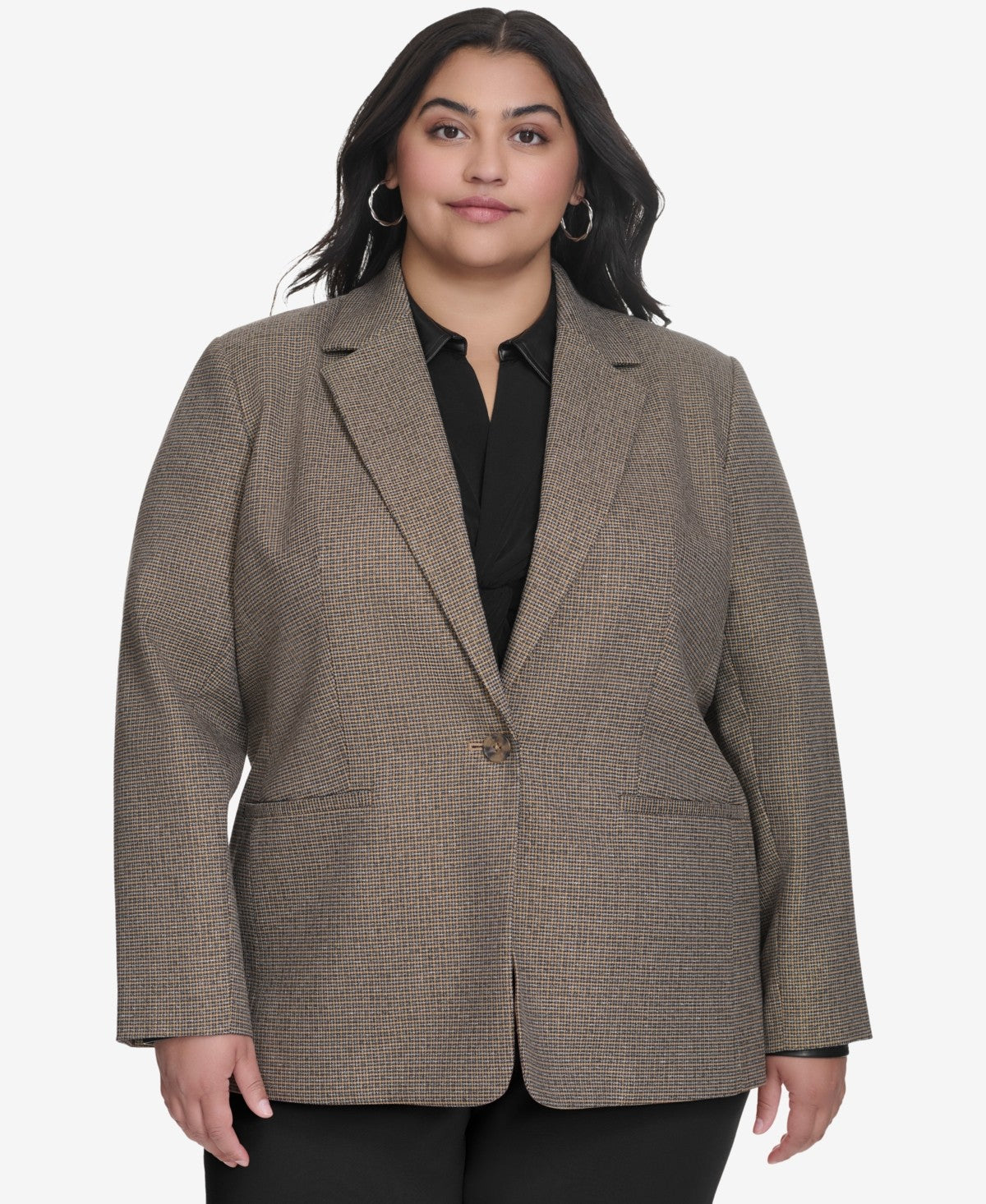 DKNY Plus Size Notched Collar One Button Blazer Black Multi