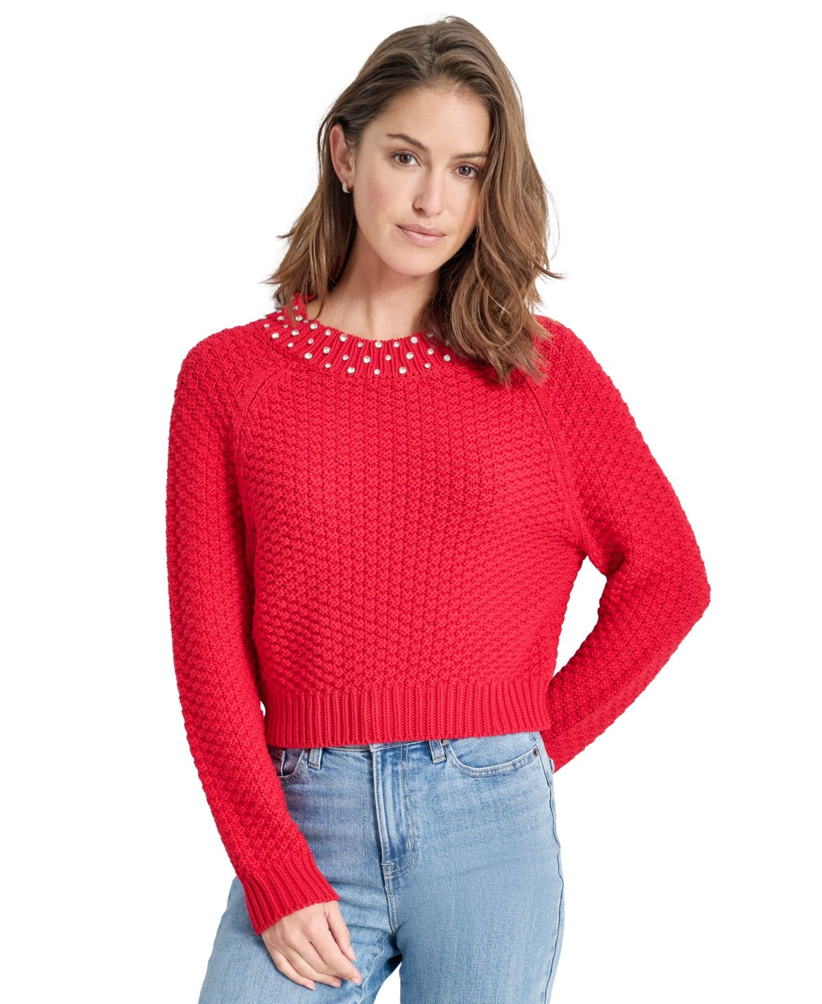 Dkny Jeans Petite Embellished Mock-Neck Sweater - Red Light