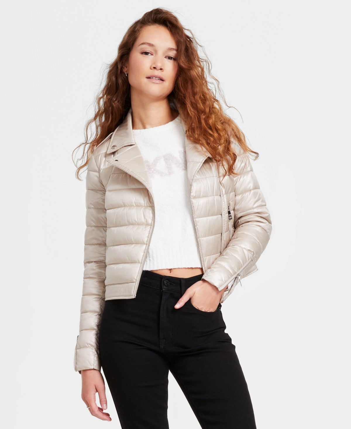 DKNY Jeans Womens Lightweight Zip Front Puffer Jacket Metallic Pebble