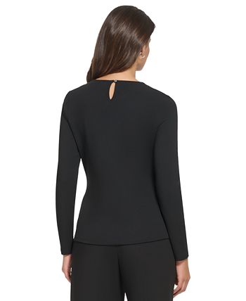 DKNY Women's Draped Crewneck Long Sleeve Knit Top Black Size Small