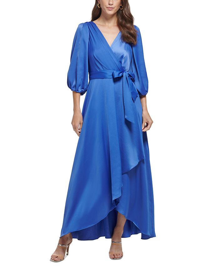 DKNY महिला 3/4 स्लीव बेल्टेड फ़ॉक्स रैप गाउन नीला साइज़ 14