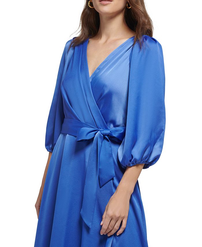 DKNY महिला 3/4 स्लीव बेल्टेड फ़ॉक्स रैप गाउन नीला साइज़ 14