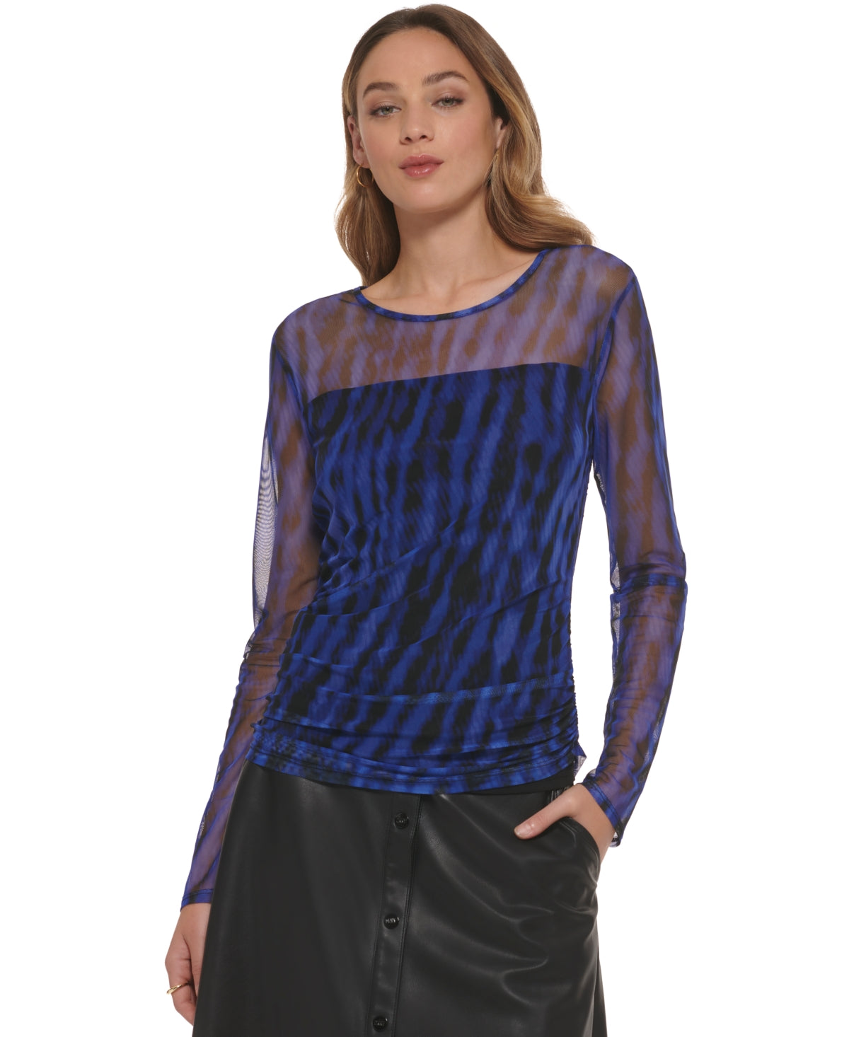 DKNY Women's Zebra Stripe Mesh Top Blue Size Large