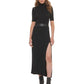 DKNY Women's Faux Leather TrimMock Neck Maxi Dress Black Size Large