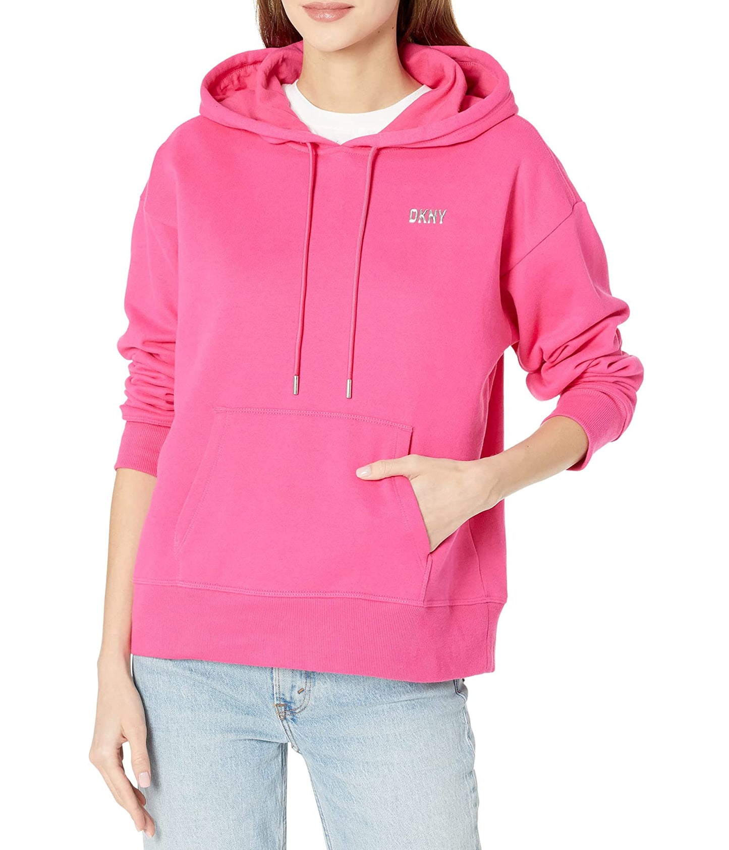 DKNY महिलाओं की मेटैलिक लोगो हूडी गुलाबी, साइज़ S