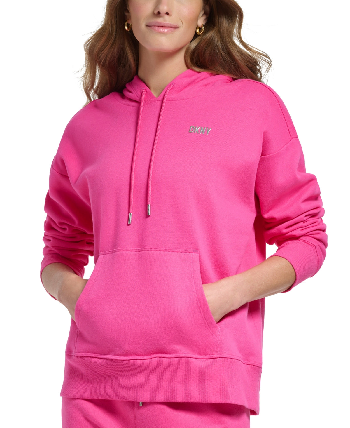 DKNY महिलाओं की मेटैलिक लोगो हूडी गुलाबी, साइज़ S