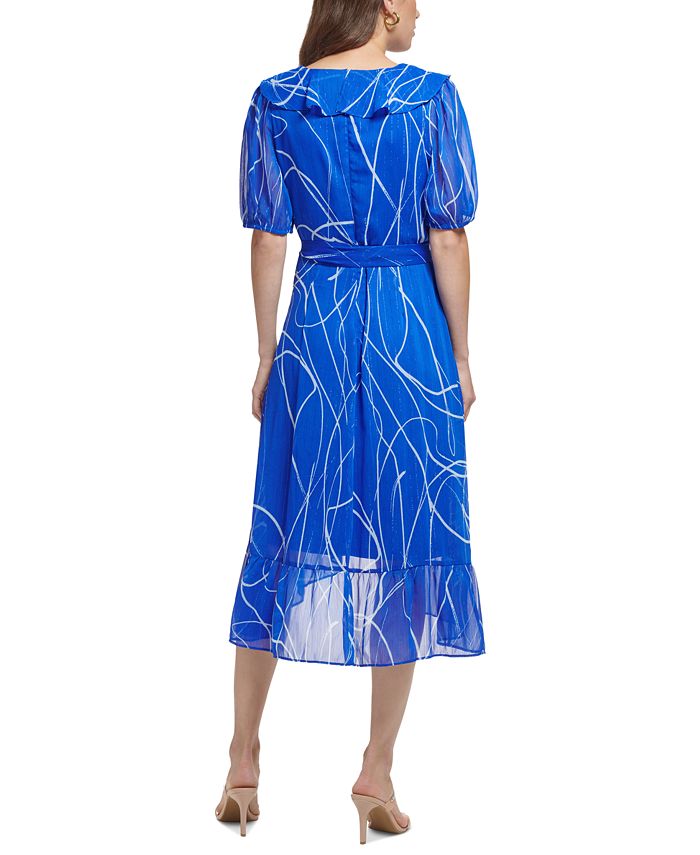 DKNY Women's Printed Metallic Puff Sleeve Faux Wrap Dress Blue Size 14