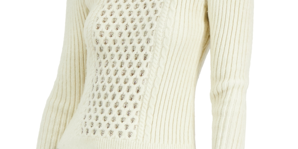 Donna Karan Women's Crystal Chain Cold Shoulder Sweater White Size XX-Small
